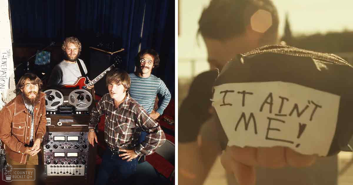 Musical group in recording studio setting; adult male singer with beard and brown jacket, young adult male in plaid shirt, middle-aged man in striped sweater, older adult holding electric guitar.