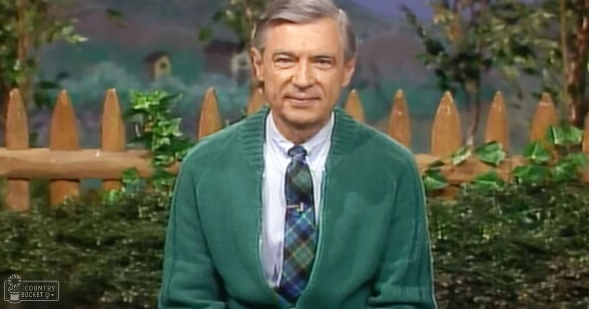 An older adult male in a relaxed green cardigan sweater over a white collared shirt and plaid tie stands against an outdoor backdrop with a wooden picket fence and greenery, suggesting a rural or suburban setting.