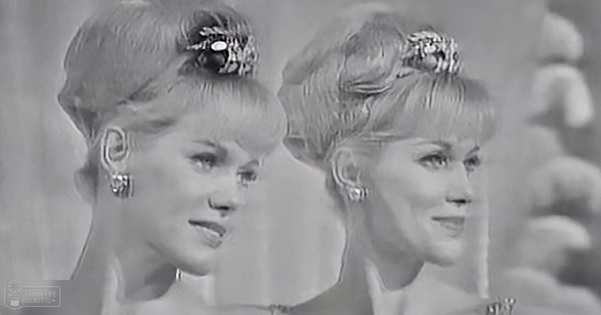 Two women in formal attire at an indoor event, wearing light and airy dresses with high necklines, adorned with earrings and decorative hair accessories.