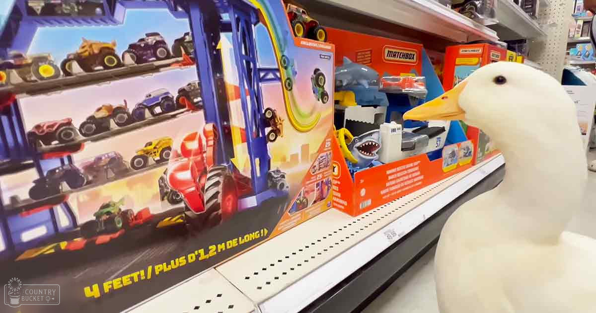 A retail store display with Matchbox cars with a white duck in the foreground.