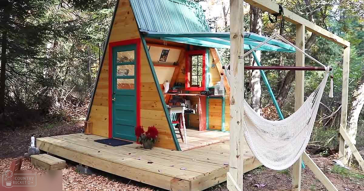 A small wooden cabin with colorful trim in a forested area, surrounded by fallen leaves and a hammock hanging outside.