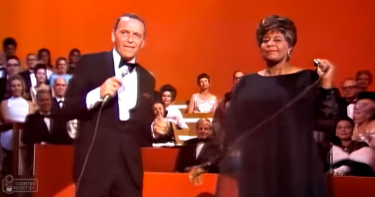 A stage setting with an adult male performer in a tuxedo and a female singer in a black dress during what seems to be a classic musical performance.