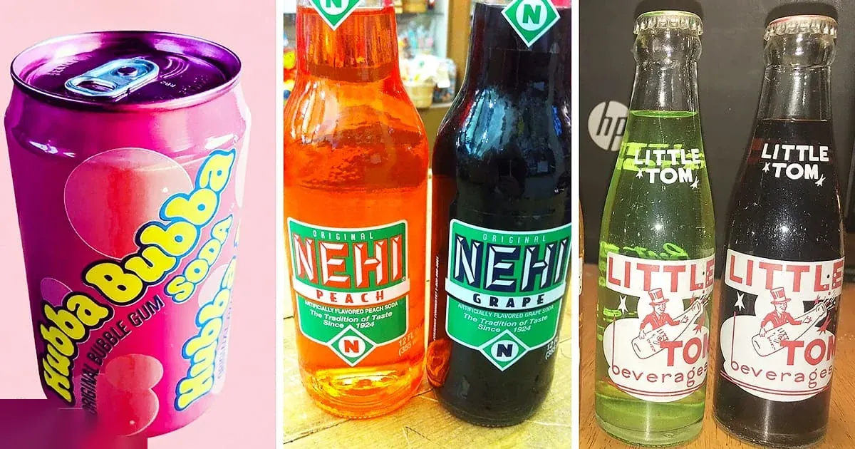 Collection of vintage soda bottles and cans in an indoor setting with pink, orange/red, green, and black-and-white tones.