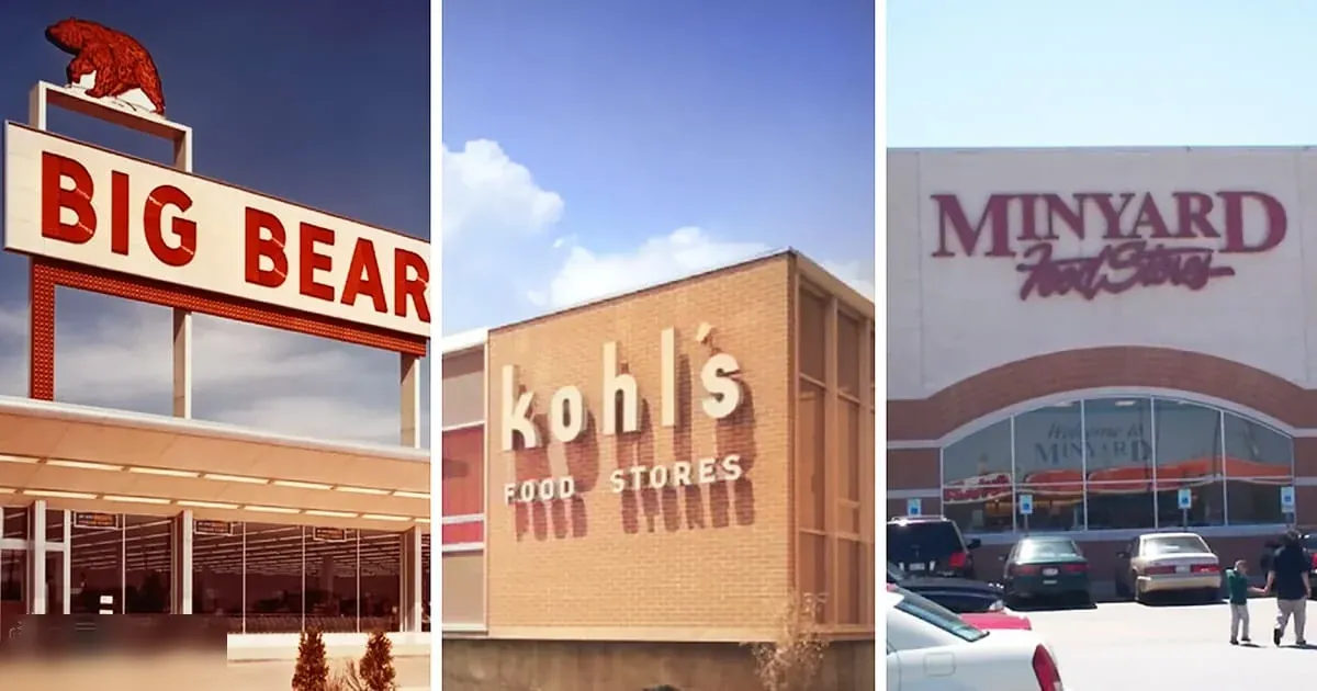 A child in light pants and a dark top walks past an adult male in darker clothing near storefronts with signs for 'Big Bear,' 'Kohl's Food Stores,' and 'Minyard Food Store' during midday.