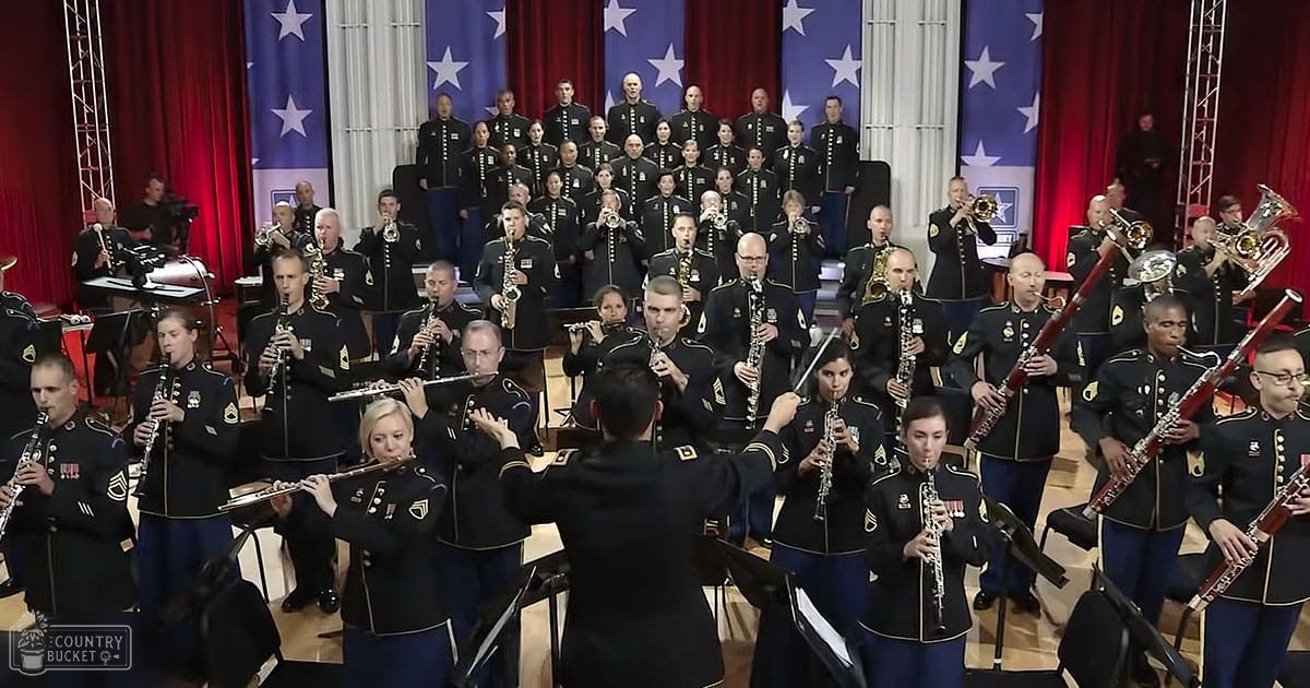 A military band performing in front of an American flag backdrop, adults wearing dark uniforms with gold trim and insignia playing various instruments.