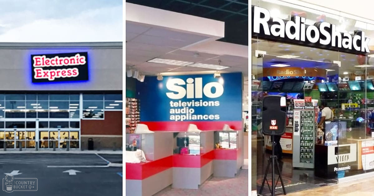 Three storefronts of electronic retailers including Electronic Express, Silo, and RadioShack in a commercial area during daytime.