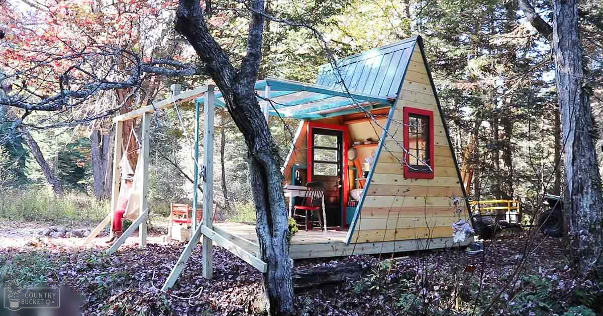 A small cabin nestled amidst a forest with autumn foliage in late fall/early winter under mid-morning to afternoon sunlight.