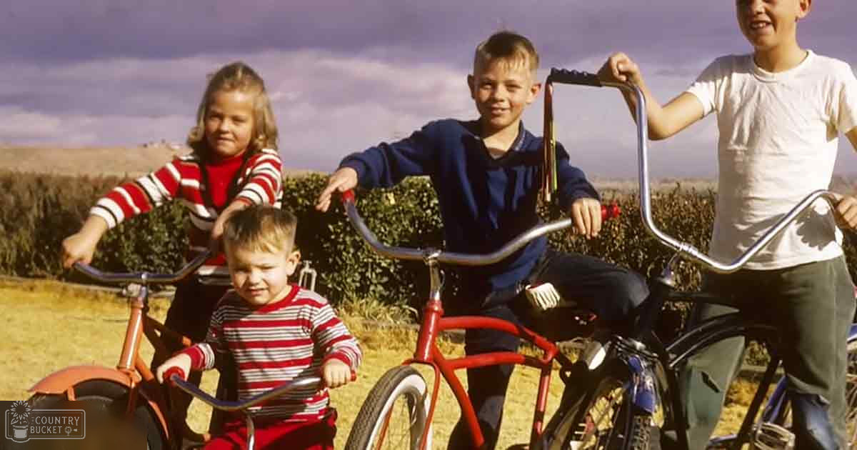 A group of children in a rural outdoor setting, with bicycles visible, wearing striped shirts and hoodies, partly cloudy sky suggesting late afternoon or early evening.