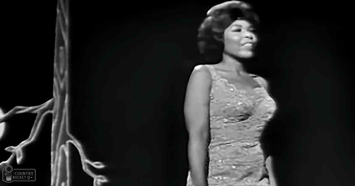 A woman in an adult age band, wearing a sleeveless dress with lace or embroidered pattern on stage under dramatic lighting.