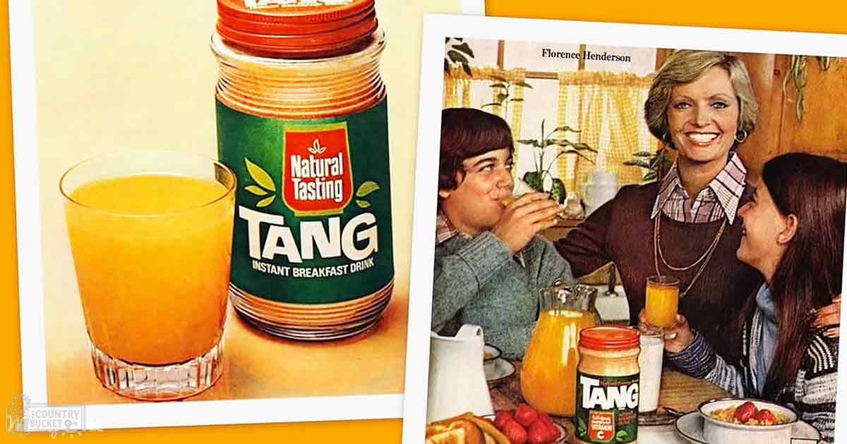A vintage advertisement for Tang Instant Breakfast Drink with an adult female in a plaid shirt with a brown cardigan over it, alongside a young male wearing a gray sweater and a child in a striped sweater. The scene includes a wooden dining table with plants on the windowsill and various breakfast items.