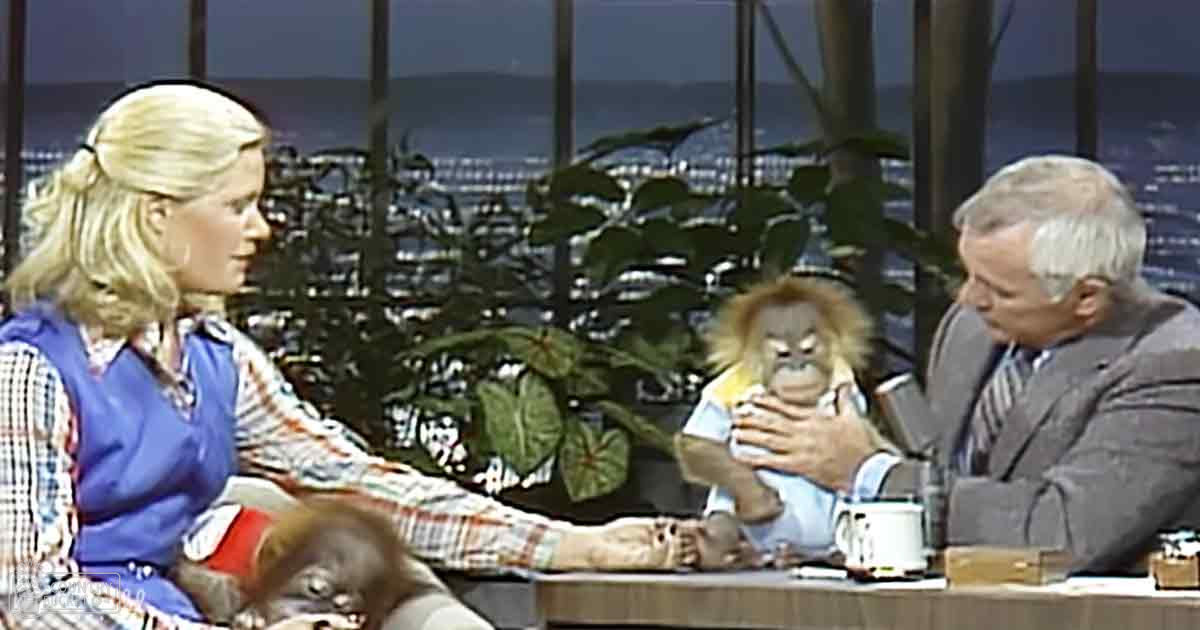 A talk show set in an indoor studio with a cityscape background, with adults and children seated at a table. A juvenile orangutan is visible in the background.