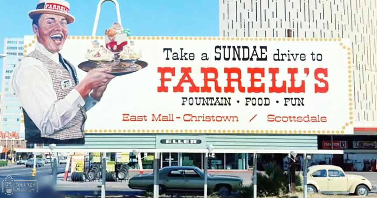 Illustrated man holding a tray with food items in front of Christown/Scottsdale East Mall, vintage car parked nearby, urban commercial setting, mid-20th century style.