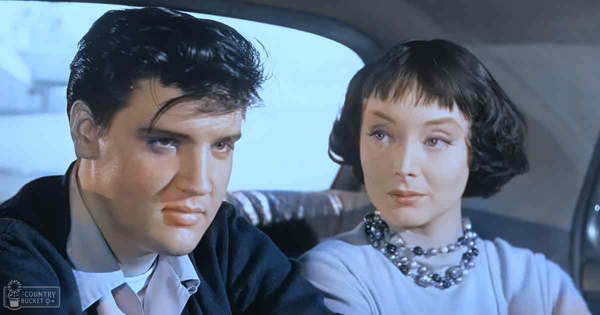 Young adult male in a dark jacket over a white shirt with an open collar, seated inside a vehicle; adult female wearing a light-colored fitted dress and pearl necklace, also present in the vehicle interior.