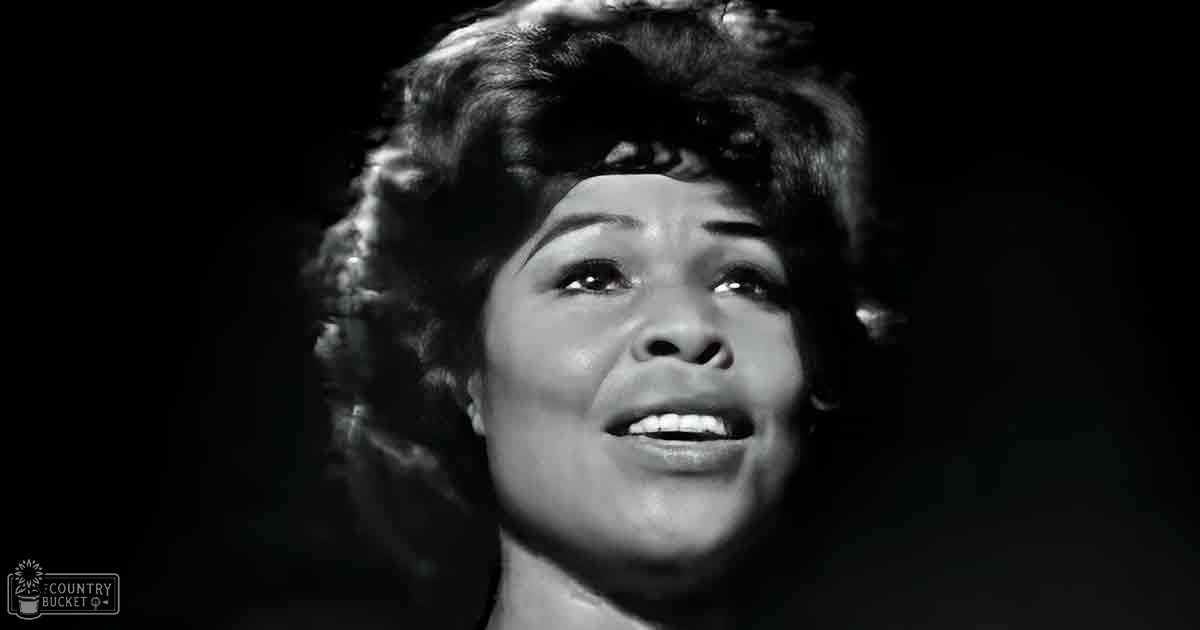 A middle-aged woman wearing a dark-colored, high-necked garment with short sleeves, set against a starkly lit indoor background suggesting a studio setup.