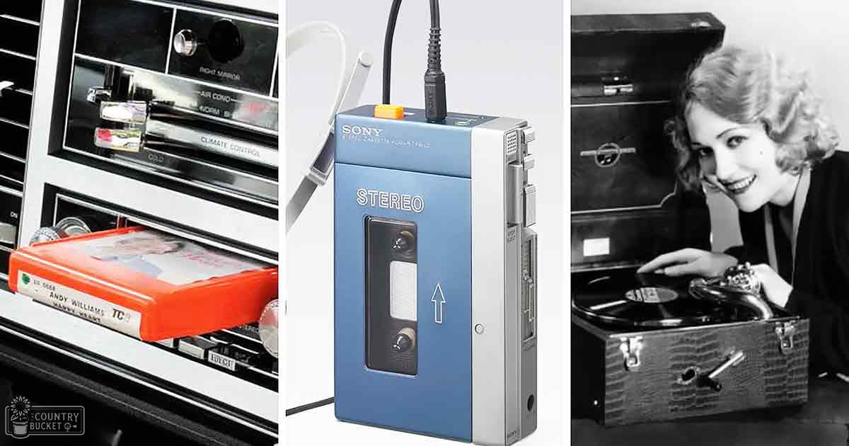 Mid-20th century vintage audio equipment, including portable cassette players and a record player with vinyl disc, set in an indoor environment suggesting use in a vehicle or home. Daytime lighting highlights the objects' details.