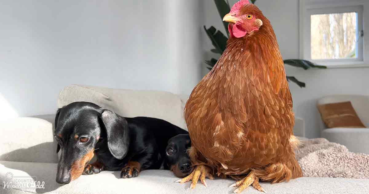An adult Dachshund with black fur and tan markings, alongside a brown chicken with red comb and wattles, in an indoor living room setting with light-colored furniture and plants near frosted window frames.
