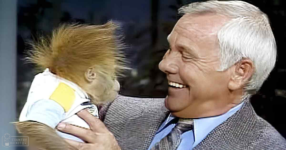 An older adult male holding an infant in a home setting with a monkey nearby, indoors and softly lit.