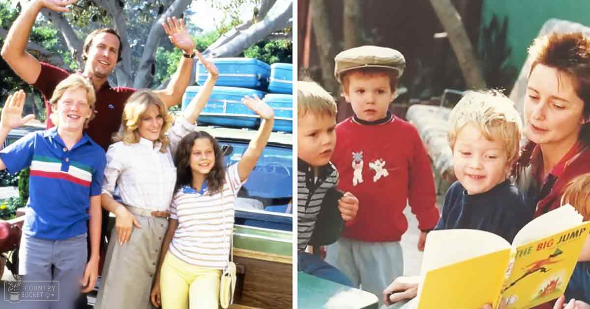 A family scene in an outdoor setting with adults and children wearing various clothing items such as a blue polo shirt, striped shirts, and a red sweater with white designs.