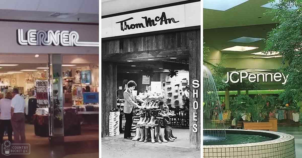 Series of storefronts from different eras inside a shopping mall, with clothing displays and shoe shelves.