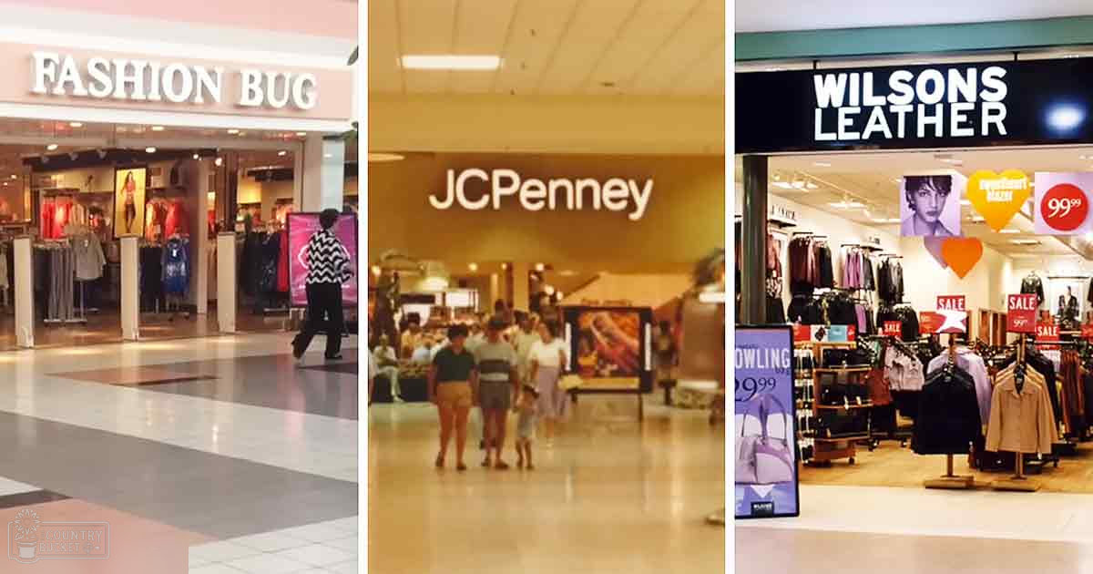 Shopping mall scene with stores like Fashion Bug, JCPenney, and Wilsons Leather; adults in casual summer attire walking through the mall interior with artificial lighting.