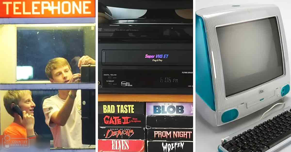A nostalgic collage showcasing technology from different eras, with a child wearing casual clothing in an indoor setting with vintage gadgets like a wall-mounted telephone and VHS player displaying horror movies.