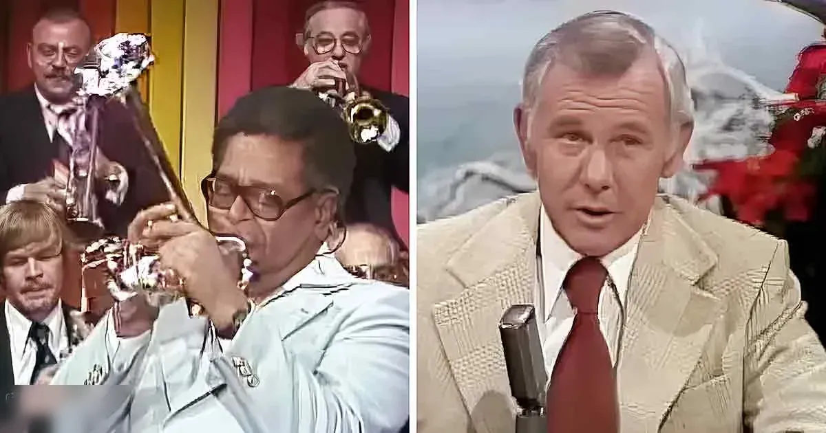 A jazz musician playing trumpet on a stage with an orchestra behind him, alongside another scene of a middle-aged man speaking into a microphone in what appears to be a studio or talk show set.