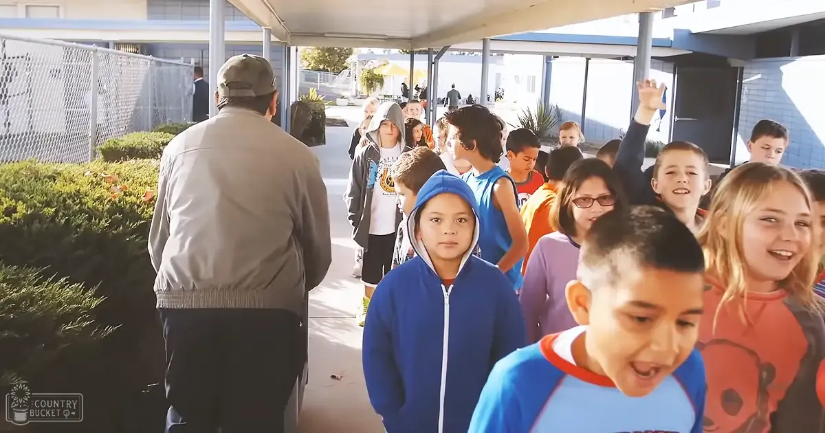 Children interacting with an adult in a school setting during daylight hours.