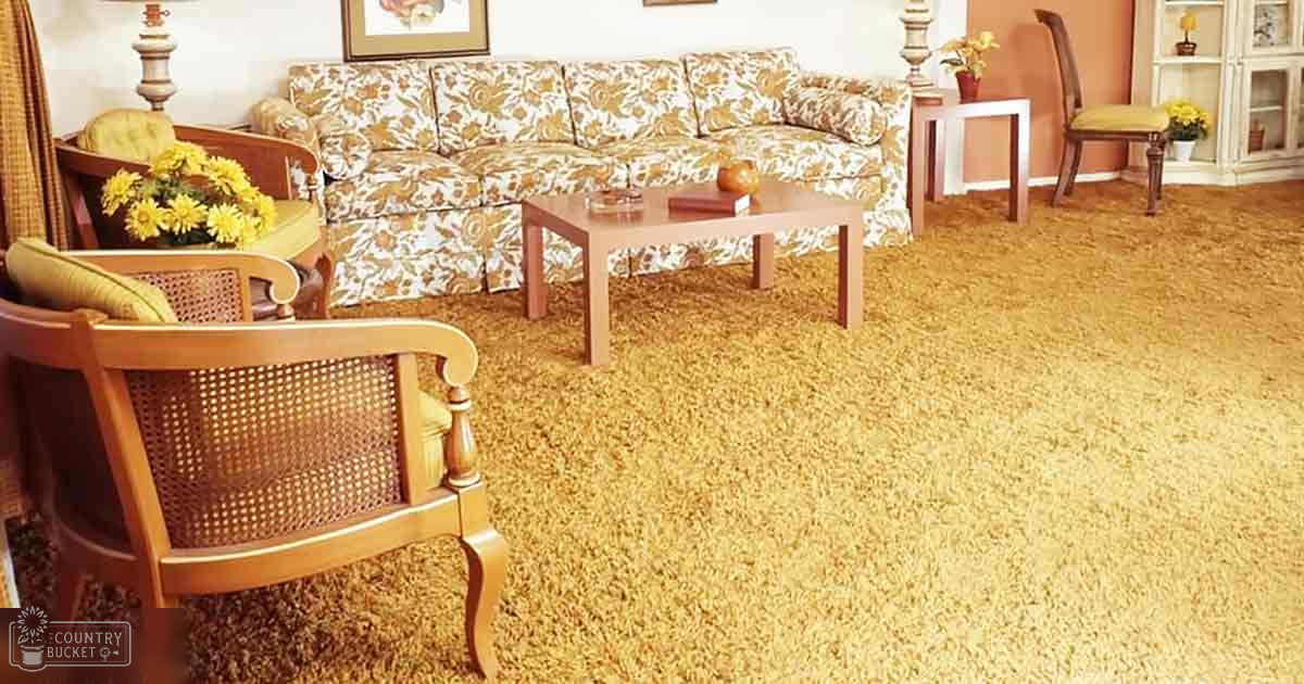 A well-lit, indoor living room scene with a floral-patterned sofa, wooden furniture, and yellow flowers on a small table, set against beige walls.