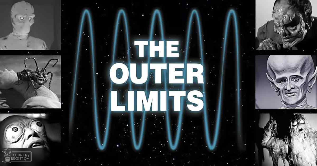 Promotional poster for 'The Outer Limits,' a science fiction series, set against a starry night sky with blue waveforms.