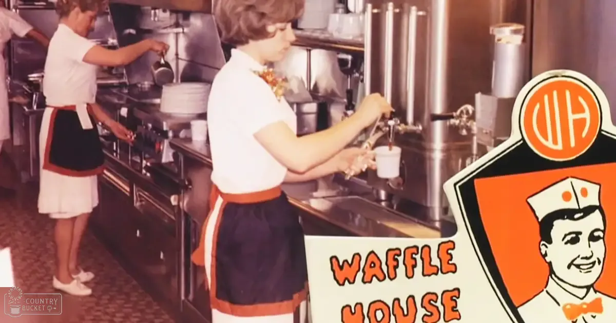 A young adult female in a white shirt with orange trim works at Waffle House, wearing an apron and white shoes; another similar worker is seen in the background.