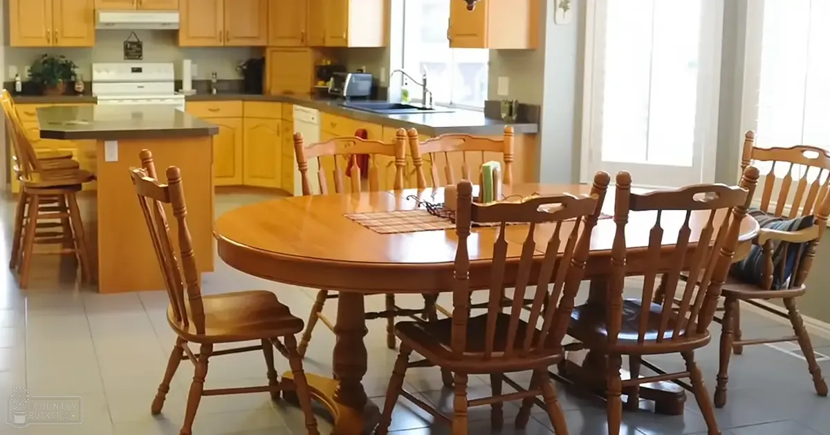 Indoor residential kitchen with dining area, oval wooden table, natural light through window.