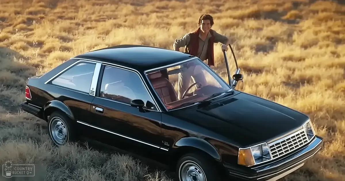 A young adult male stands beside a sleek 1980s sedan in an open field at sunset, with dry grass and warm tones.
