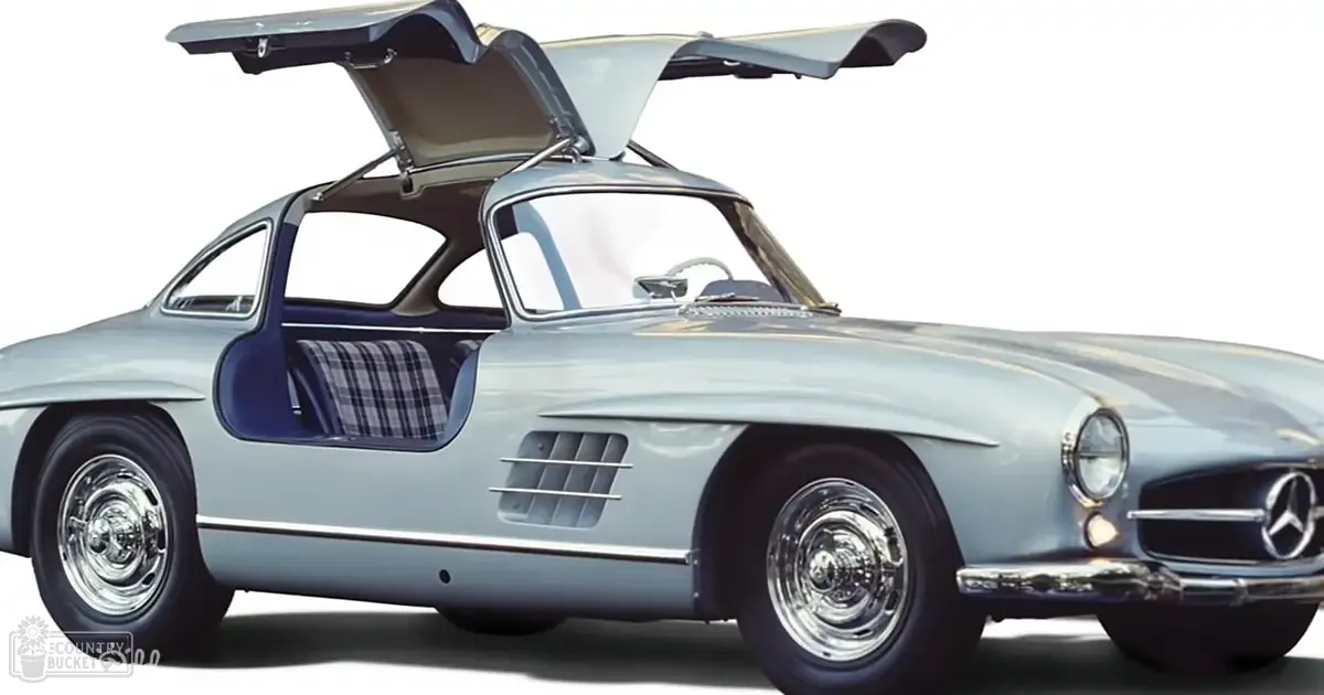 A classic Mercedes-Benz sports car with gull-wing doors, light blue body color, chrome wheels, mid-20th century design, studio setting.
