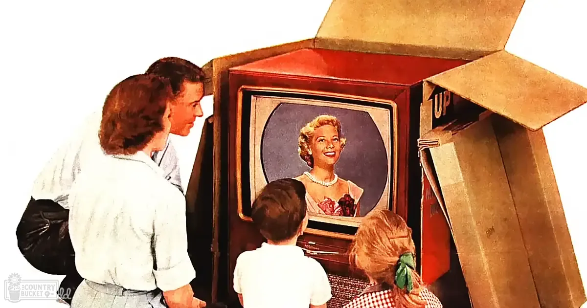 Family scene in an indoor setting with vintage television and wooden cabinet in a living room during daytime.