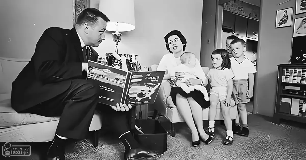 An adult male reading to children in a cozy living room filled with books and framed pictures on the walls; an adult female holds a baby while two toddlers sit nearby, dressed casually for spring or summer; muted tones dominate the black-and-white scene.