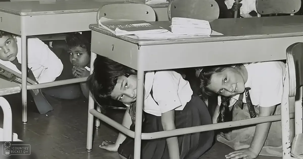 Children hiding under desks in a classroom during an emergency drill, with metal and wooden furniture and scattered books.