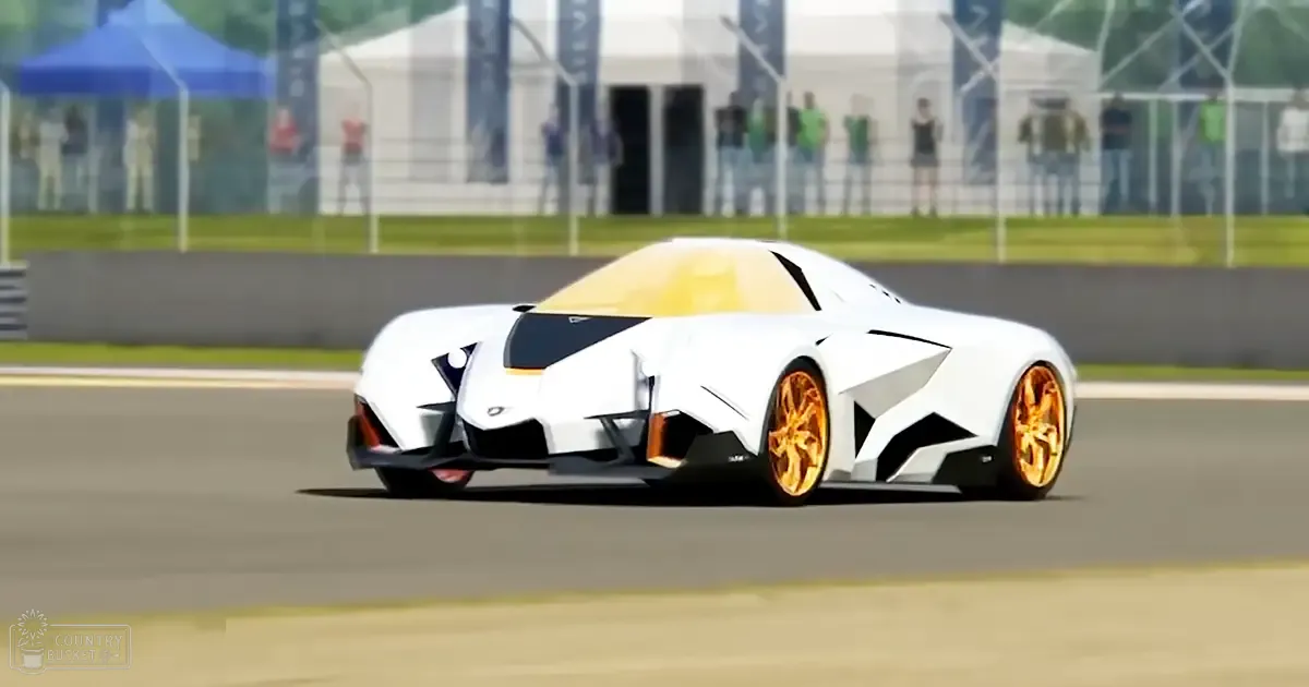 Futuristic white sports car with gold wheels on an outdoor racing track under a clear sky, surrounded by tents and barriers indicating a public event.