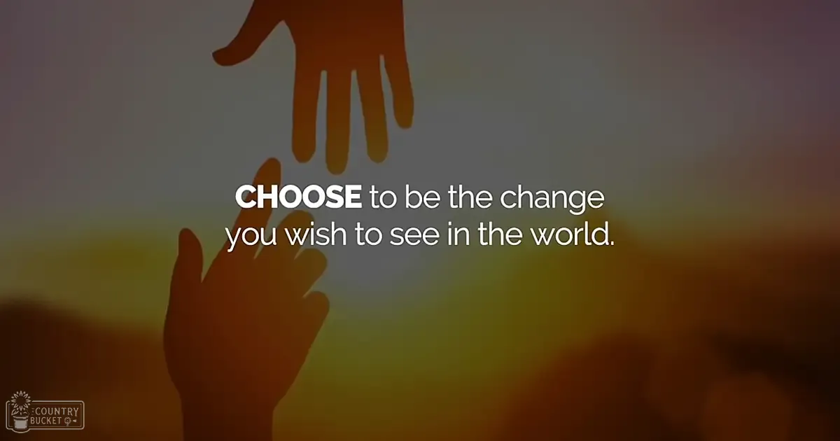 An outdoor sunset scene with a warm, golden light and soft focus background suggesting trees or hills; text reads 'CHOOSE to be the change you wish to see in the world'.