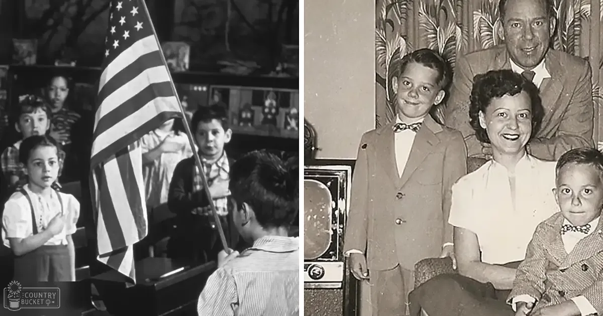 Children's classroom scene with American flag, likely United States; family portrait with mid-20th century formal attire indoors