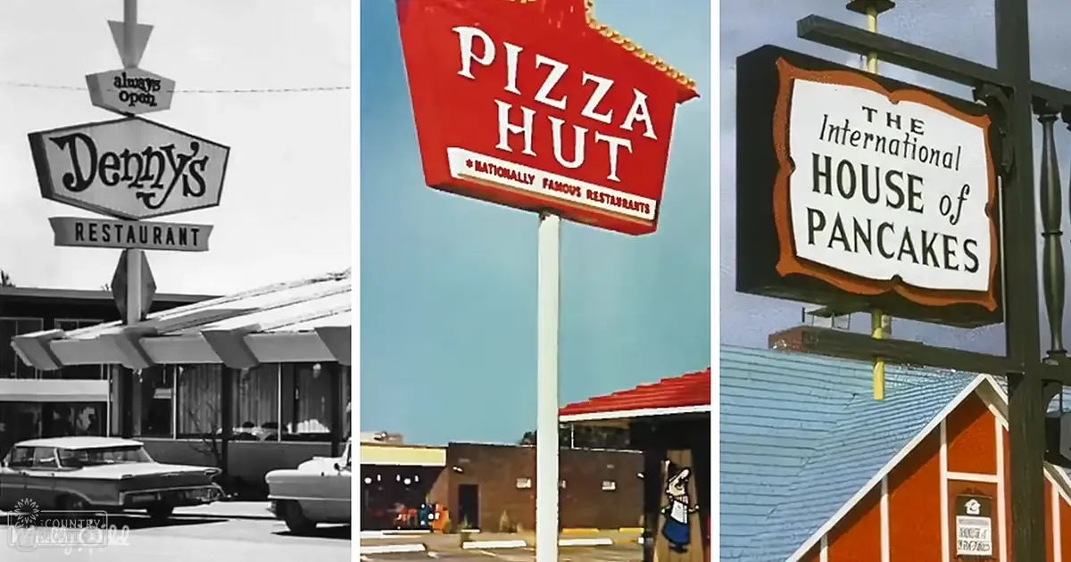 A collage of restaurant signage from different decades, showcasing retro styles like Denny's Restaurant, Pizza Hut, and The International House of Pancakes against exteriors with clear daytime weather in spring or summer.