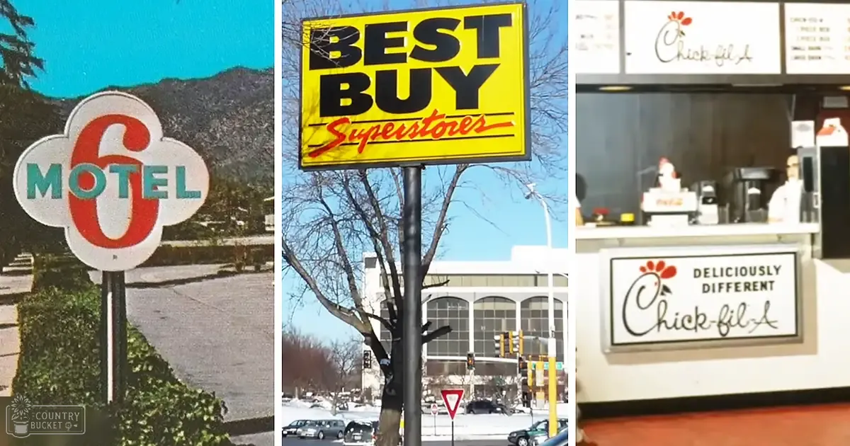 A collage of scenes: Motel 6 sign outdoors, Best Buy Superstores sign in a winter setting, and interior of a Chick-fil-A restaurant.