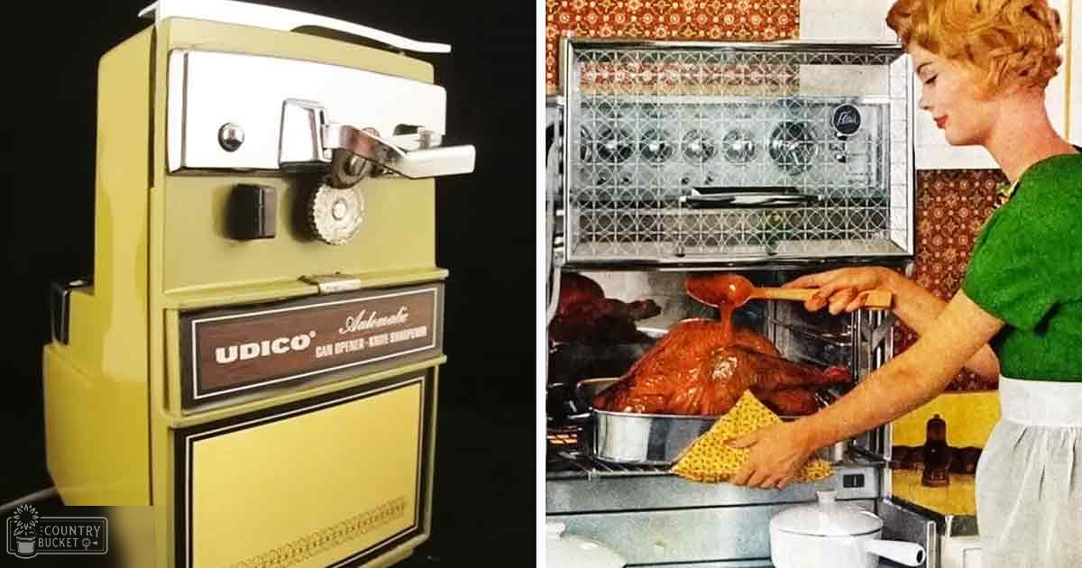 A mid-20th century kitchen scene with a vintage 'Udico' can opener/shredder, a woman basting a roasted turkey in an oven, and floral wallpaper.
