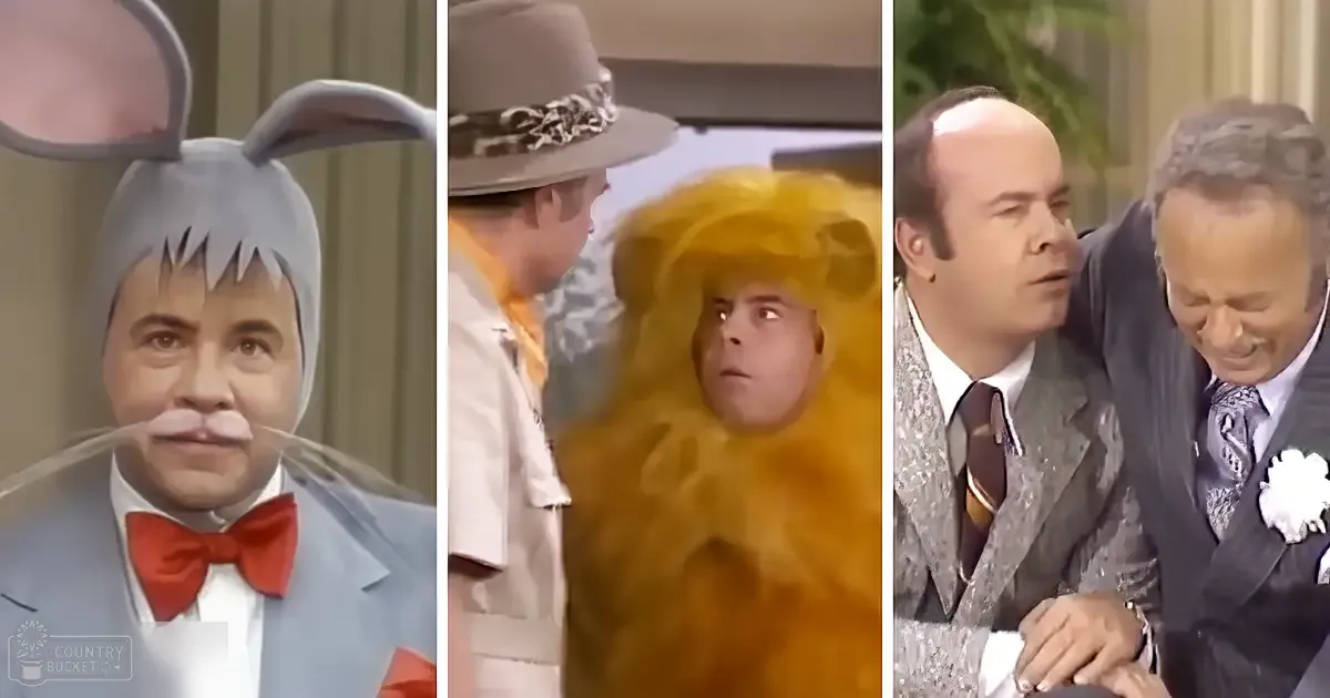 A comedic skit from 'The Carol Burnett Show' set in an indoor studio with a group of men wearing costumes and accessories.