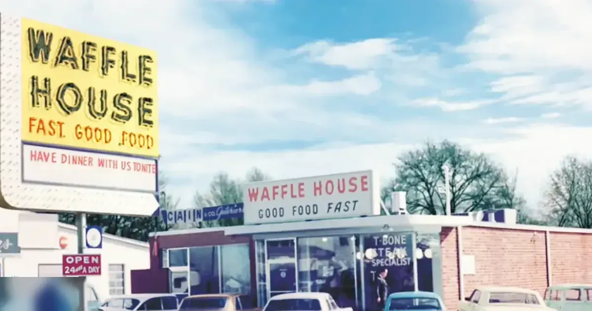 Waffle House restaurant in an urban area with clear weather, partly cloudy sky, and parked cars.