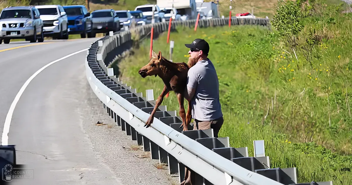 An adult male wearing a cap and sunglasses stands near a highway, holding a juvenile moose calf surrounded by greenery in spring or summer.