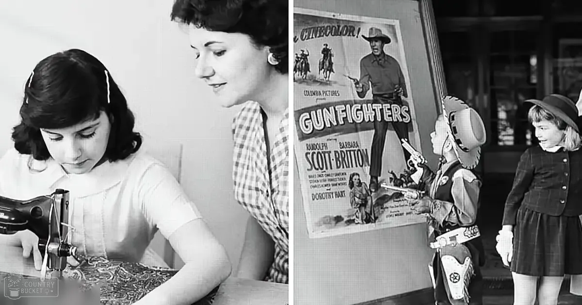 A young girl learning to sew with an adult woman in a home setting; the scene includes a sewing machine and a movie poster for "Gunfighters."