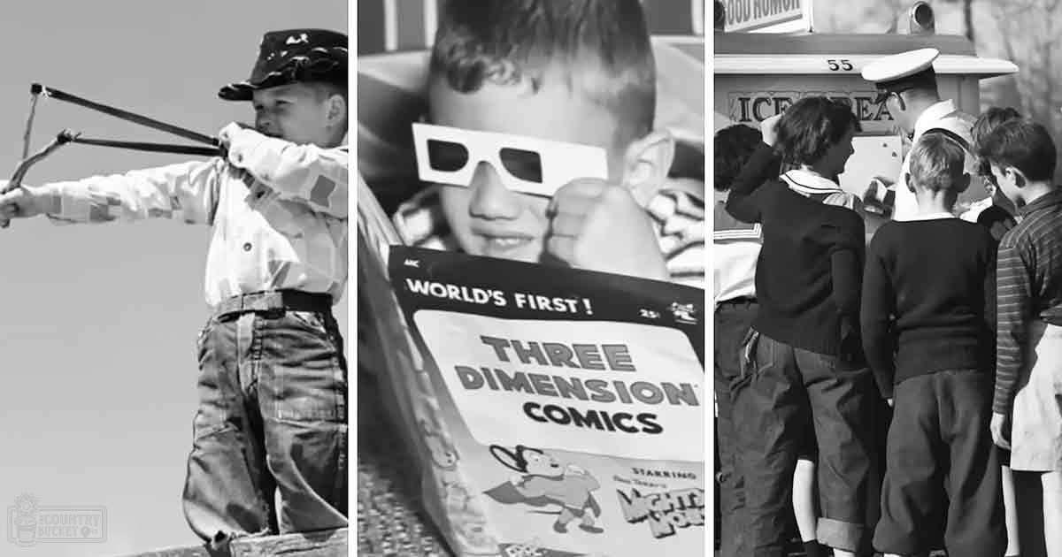 Children playing outdoors with 3D glasses on, sign reading 'World's First! Three Dimension Comics' visible.