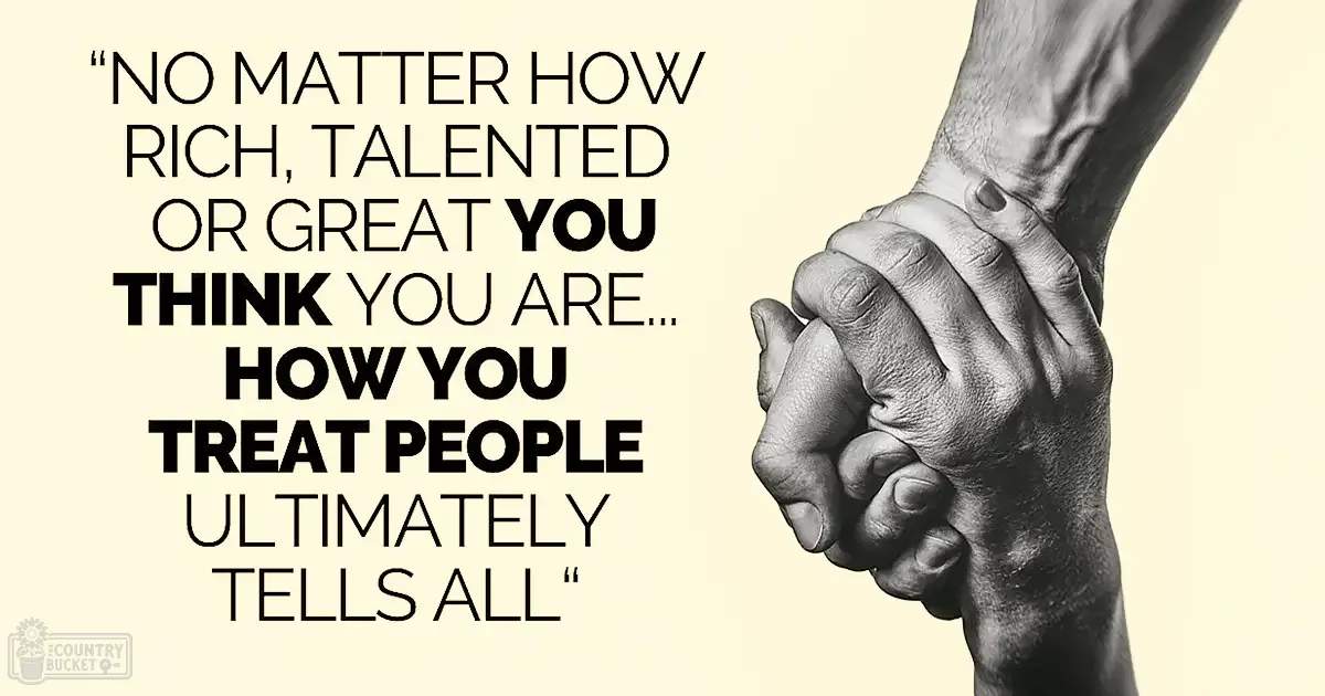 Two adult males shaking hands indoors, with a motivational quote about talent and treatment of people.