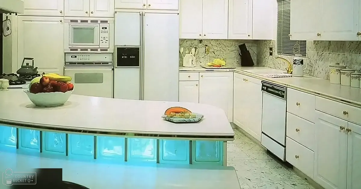 A mid-20th century retro kitchen scene with a white bowl of fruit, a sandwich on a tray, and various appliances like an oven and microwave in the background.