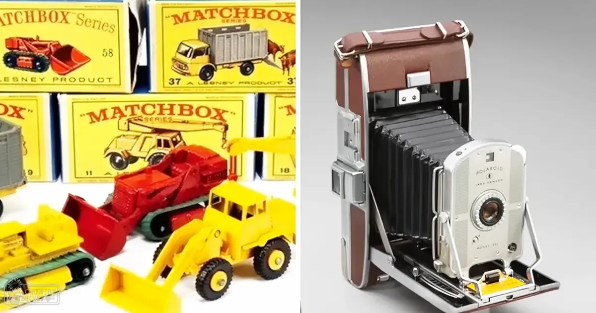 Matchbox toy vehicles and Polaroid Land Camera indoors, plain white background.